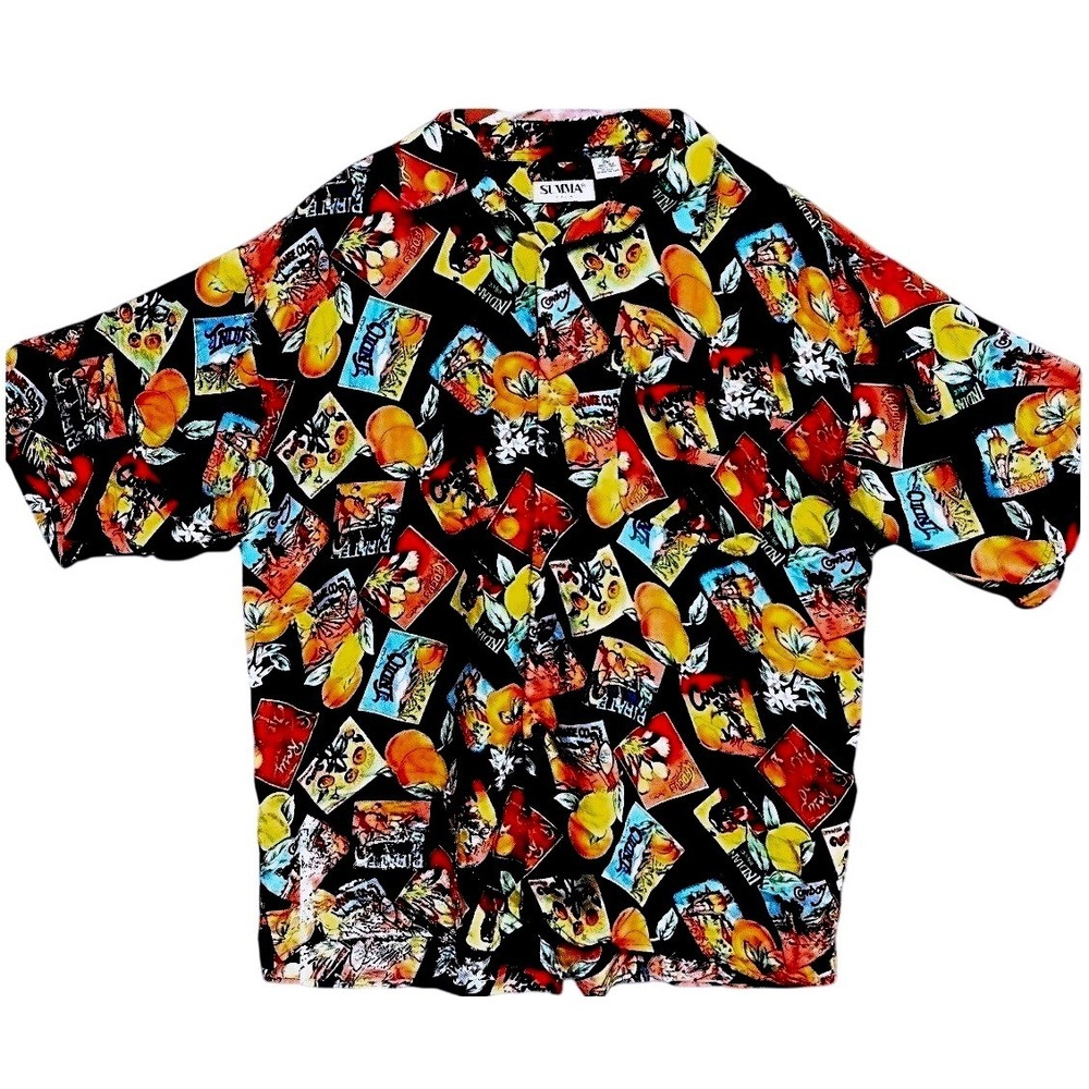 Summa Silk Button Front Men's Camp Shirt Size XL Fruit Crates 100% Silk Vintage